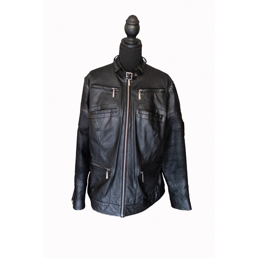 Jessica London Black Leather Moto Jacket Cafe Racer Buckle Collar Size 12